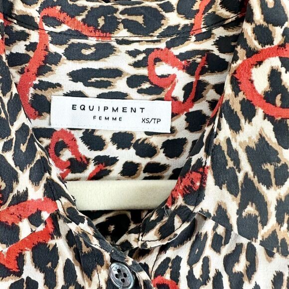 Equipment Adalyn Leopard Heart Print Silk Shirt Natural Ginseng Size XS - Picture 11 of 12